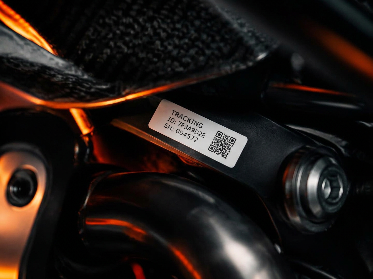 HLX tracking label on a motorcycle frame